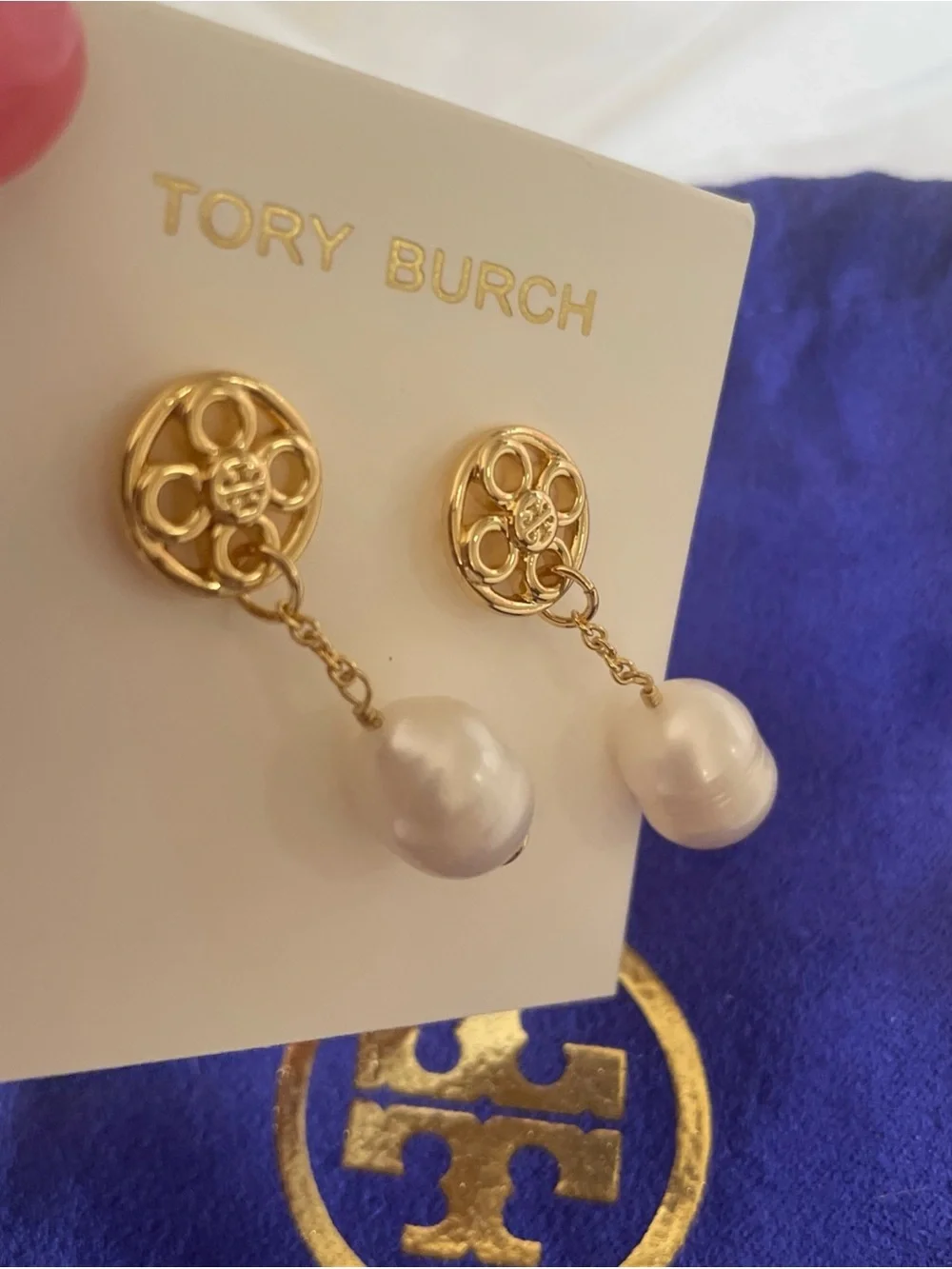 Tory Burch Gold Logo Drop Earrings with Cream Pearl